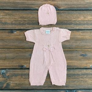 Designer Kids 3-6 Months Girl Pink Knit Romper and Hat - with Flower/Ribbon